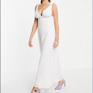ASOS DESIGN tie shoulder plunge maxi dress in broderie in white